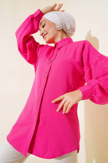 Boncuk İşlemeli Gömlek Fuşya - Gömlek