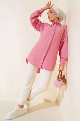 Boncuk İşlemeli Gömlek Gül Kurusu - Tunik