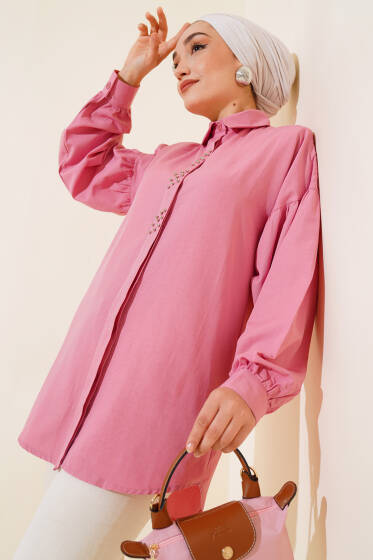 Boncuk İşlemeli Gömlek Gül Kurusu - Tunik