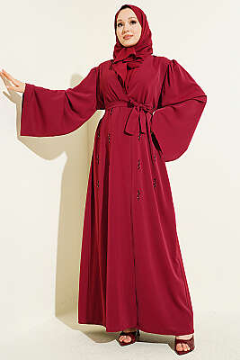 Boncuk İşlemeli Kuşaklı Abaya Bordo - EFSUN MODA