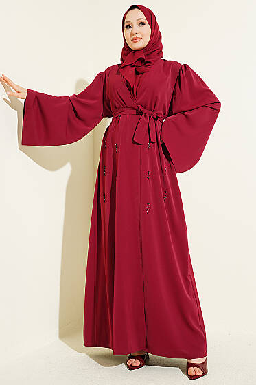 Boncuk İşlemeli Kuşaklı Abaya Bordo - Elbise
