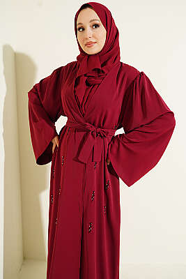 Boncuk İşlemeli Kuşaklı Abaya Bordo - Elbise