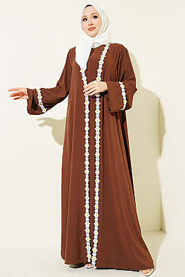Boncuk İşlemeli Kuşaklı Abaya Kahve - Elbise