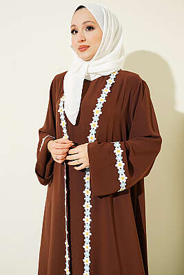 Boncuk İşlemeli Kuşaklı Abaya Kahve - Elbise