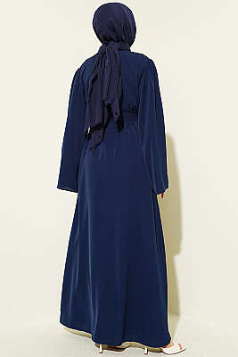 Boncuk İşlemeli Kuşaklı Abaya Lacivert - Elbise