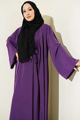 Boncuk İşlemeli Kuşaklı Abaya Lavanta - Elbise