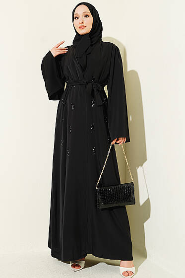 Boncuk İşlemeli Kuşaklı Abaya Siyah - Elbise