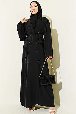 Boncuk İşlemeli Kuşaklı Abaya Siyah - EFSUN MODA