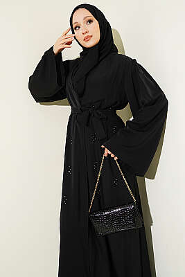 Boncuk İşlemeli Kuşaklı Abaya Siyah - Uzun Elbise