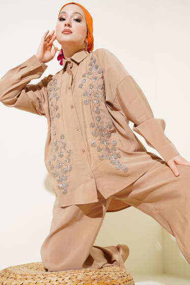 Boncuk İşlemeli Salaş İkili Takım Latte - İkili Takım