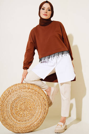 Boncuk Püskül Detaylı Tunik Kahve - Tunik