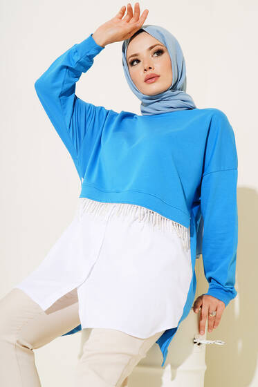 Boncuk Püskül Detaylı Tunik Mavi - Tunik