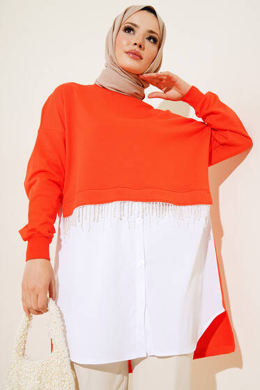 Boncuk Püskül Detaylı Tunik Oranj - Tunik
