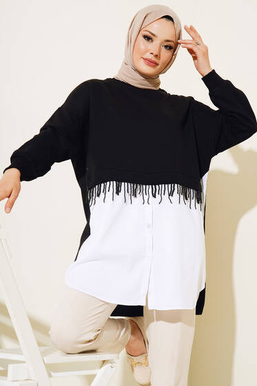 Boncuk Püskül Detaylı Tunik Siyah - Tunik
