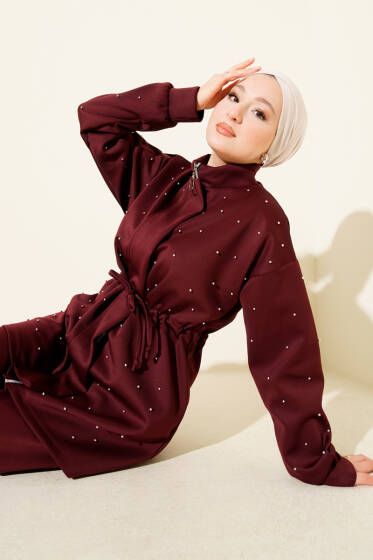 Boncuk Süslemeli İpli Scuba İkili Takım Bordo - İkili Takım