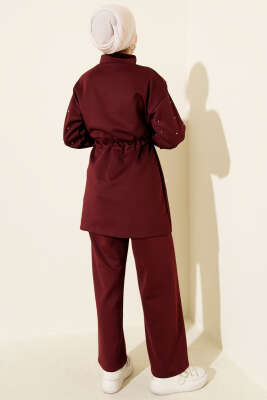 Boncuk Süslemeli İpli Scuba İkili Takım Bordo - İkili Takım