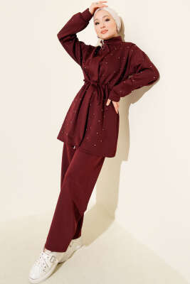 Boncuk Süslemeli İpli Scuba İkili Takım Bordo - Scuba Ürünler