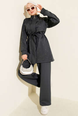 Boncuk Süslemeli İpli Scuba İkili Takım Füme - NESSİA