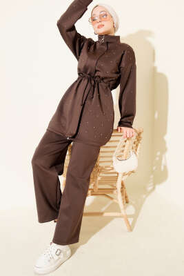 Boncuk Süslemeli İpli Scuba İkili Takım Kahve - NESSİA