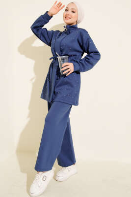 Boncuk Süslemeli İpli Scuba İkili Takım Lacivert - NESSİA