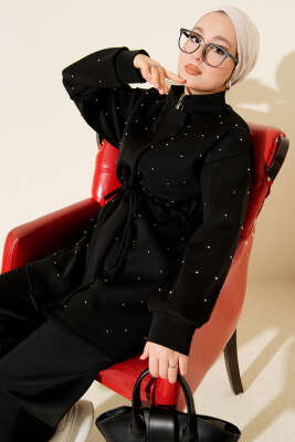 Boncuk Süslemeli İpli Scuba İkili Takım Siyah - İkili Takım