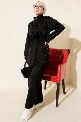 Boncuk Süslemeli İpli Scuba İkili Takım Siyah 