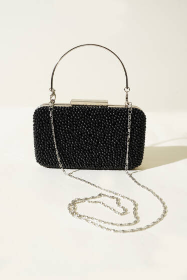 Boncuk Taşlı Abiye Çanta Siyah - Kol Çantası