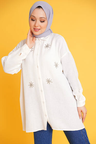 Boncuklu Keten Gömlek Ekru - Gömlek
