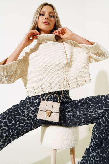 Boncuklu Selanik Triko Crop Kazak Ekru - Triko