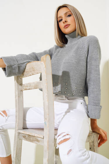 Boncuklu Selanik Triko Crop Kazak Gri - Triko