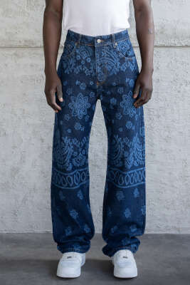 Borok Desenli Erkek Kot Pantolon Mavi - Erkek Pantolon