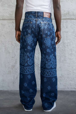 Borok Desenli Erkek Kot Pantolon Mavi - Erkek Pantolon