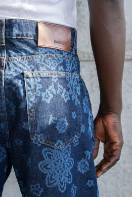 Borok Desenli Erkek Kot Pantolon Mavi - Erkek Pantolon