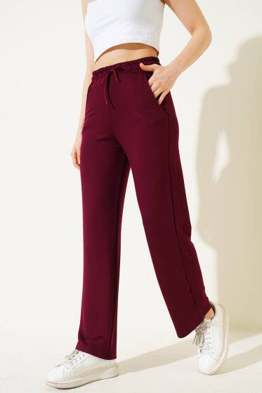Boru Paça Bel Lastikli Pantolon Bordo - Kadın Giyim Modelleri