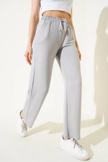 Boru Paça Bel Lastikli Pantolon Gri - Kadın Giyim Modelleri