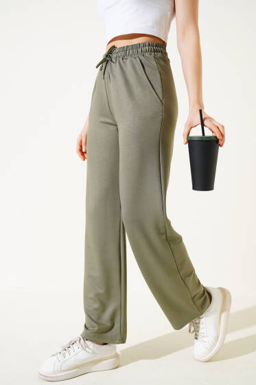 Boru Paça Bel Lastikli Pantolon Haki - Kadın Giyim Modelleri