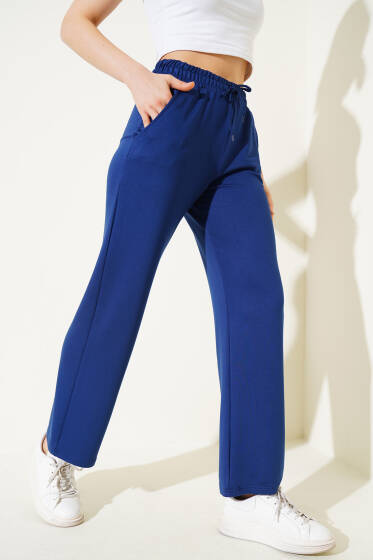 Boru Paça Bel Lastikli Pantolon Lacivert - Kadın Giyim Modelleri