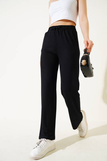 Boru Paça Bel Lastikli Pantolon Siyah - Kadın Giyim Modelleri