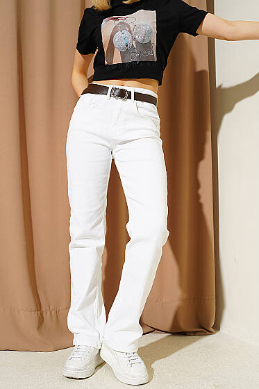 Boru Paça Kemerli Kot Pantolon Ekru - Kadın Giyim Modelleri