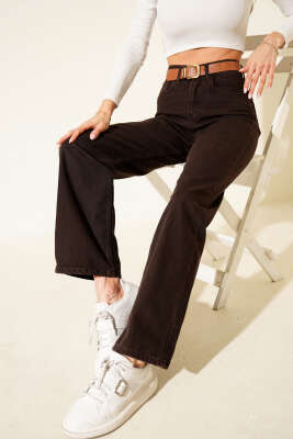 Boru Paça Kemerli Kot Pantolon Kahve - ZARX JNS