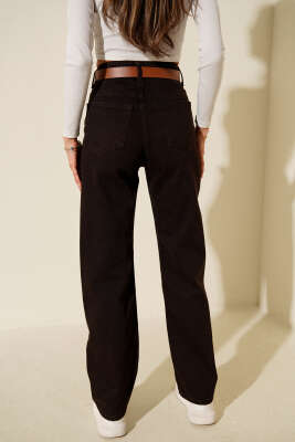 Boru Paça Kemerli Kot Pantolon Kahve - Kadın Giyim Modelleri