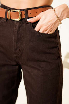 Boru Paça Kemerli Kot Pantolon Kahve - Kadın Giyim Modelleri