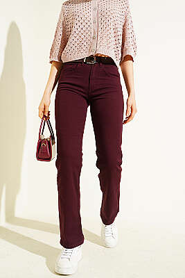 Boru Paça Kemerli Kot Pantolon Mürdüm - ZARX JNS