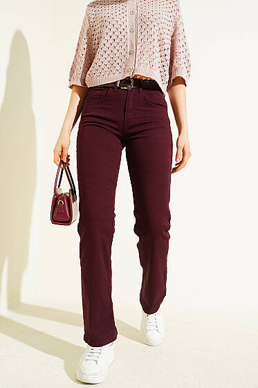 Boru Paça Kemerli Kot Pantolon Mürdüm - Kadın Giyim Modelleri