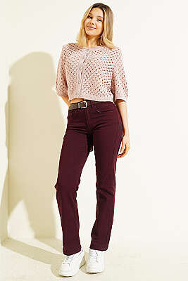 Boru Paça Kemerli Kot Pantolon Mürdüm - Kadın Giyim Modelleri