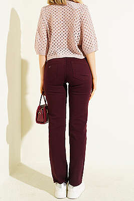 Boru Paça Kemerli Kot Pantolon Mürdüm - Kadın Giyim Modelleri