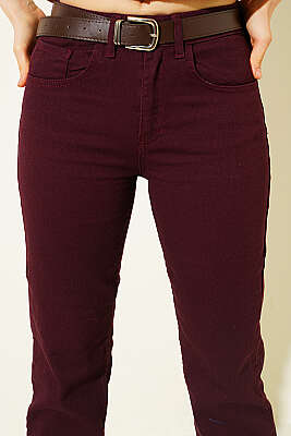 Boru Paça Kemerli Kot Pantolon Mürdüm - Kadın Giyim Modelleri