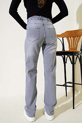 Boru Paça Kesikli Kot Pantolon Gri - Kadın Giyim Modelleri