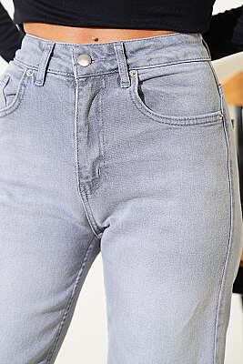 Boru Paça Kesikli Kot Pantolon Gri - Kadın Giyim Modelleri