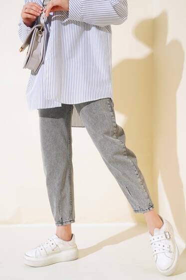 Boru Paça Kot Pantolon Gri Kar - Pantolon